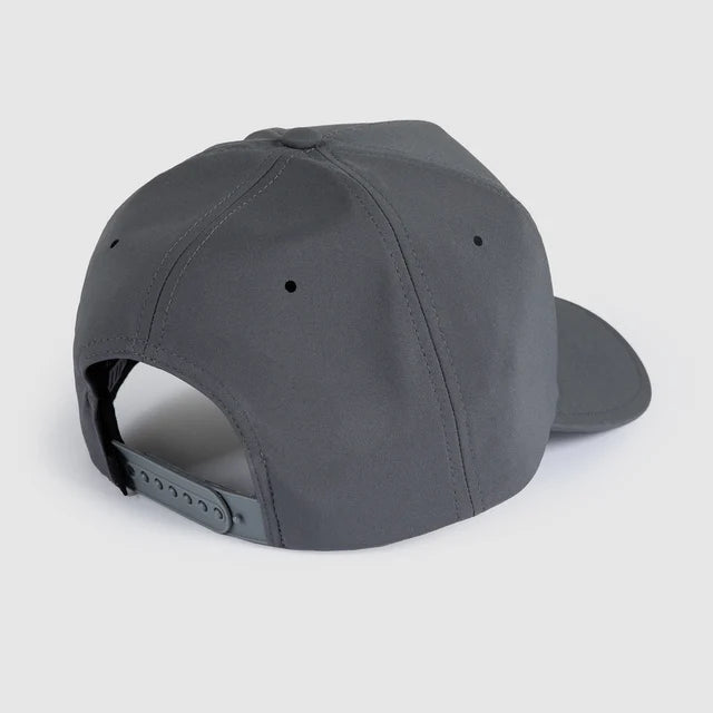 A dark gray baseball cap shown from a rear three-quarter angle, featuring an adjustable snapback closure and ventilation eyelets, set against a light gray background.
