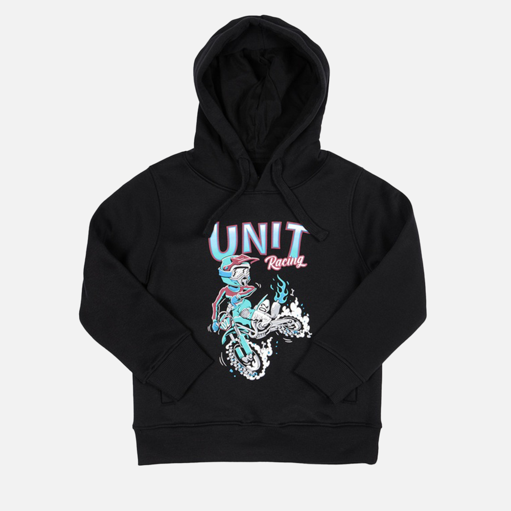 Black hoodie with 'UNIT Racing' graphic design on a light gray background