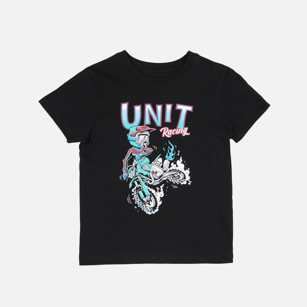 Black t-shirt with 'UNIT Racing' graphic design on a white background