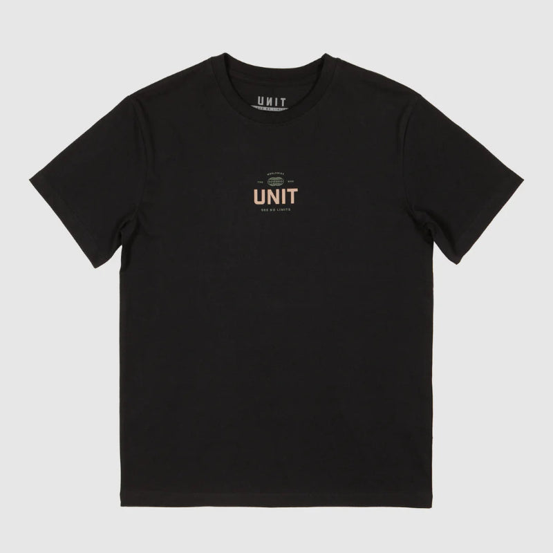 Black t-shirt with 'UNIT' logo on a light gray background