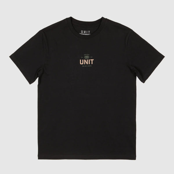 Black t-shirt with 'UNIT' logo on a light gray background