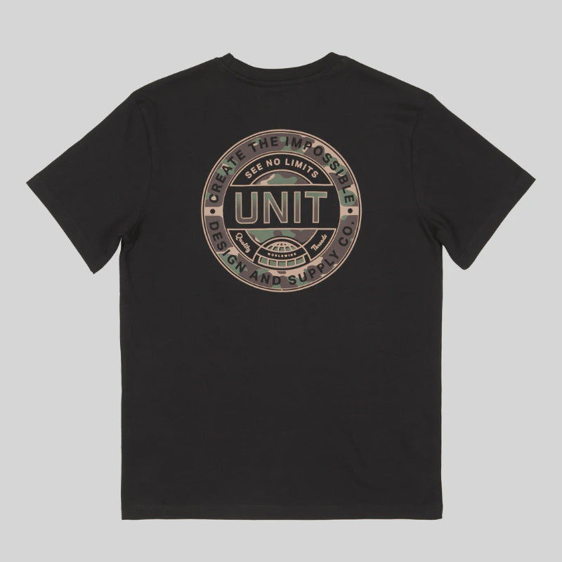 Black t-shirt with 'UNIT' logo on a gray background