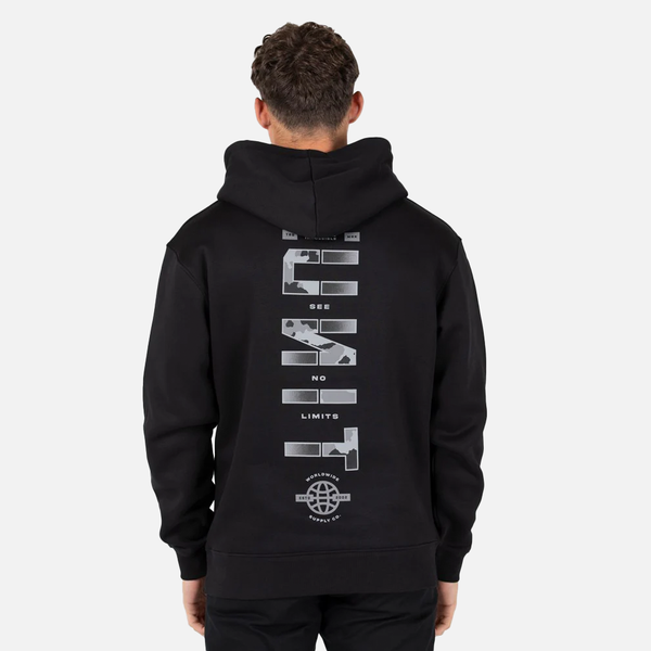 Person wearing a black hoodie with a design on the back against a white background