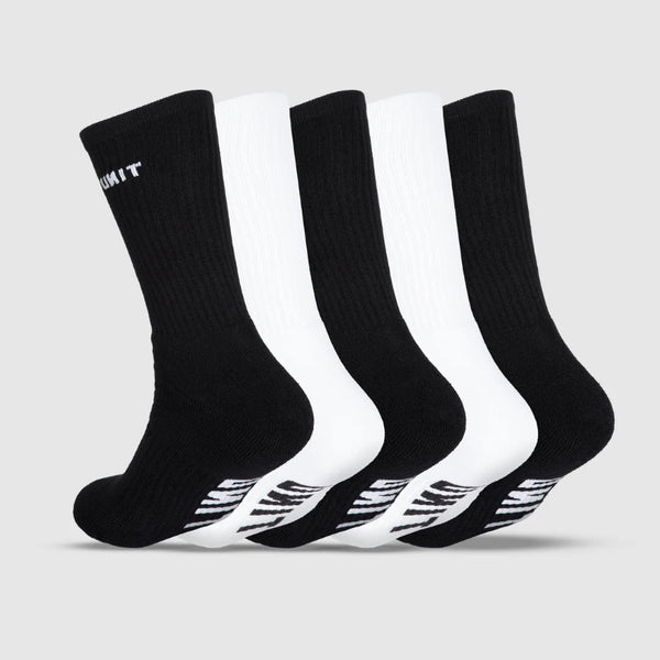 Set of black and white socks with brand logo on a light gray background