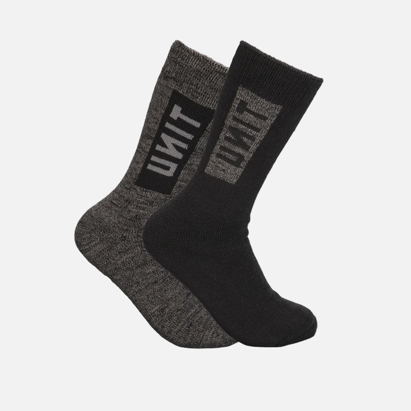 Two pairs of black and gray socks with a brand logo on a light gray background