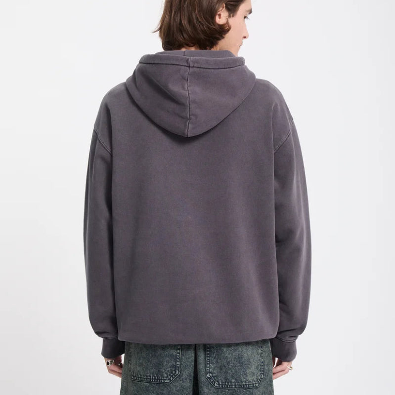 Person wearing a gray hoodie from behind on a white background