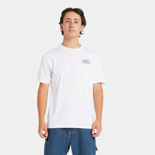 Person wearing a white t-shirt and blue shorts on a white background