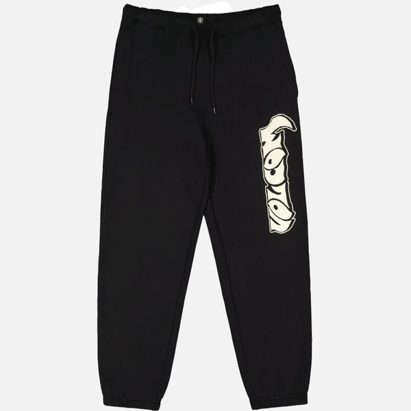 Black sweatpants with a white graphic design on a white background