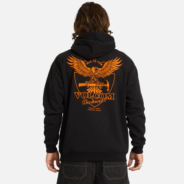Black hoodie with orange Volcom logo on the back, worn by a person against a white background