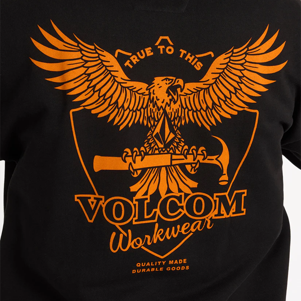 Black t-shirt with orange eagle graphic and Volcom Workwear text