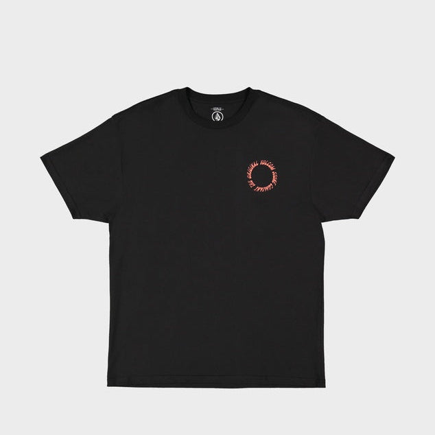 Black t-shirt with a small red logo on a light gray background