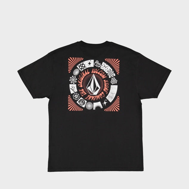 Black t-shirt with colorful graphic design on the back against a white background