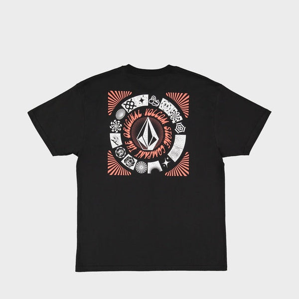 Black t-shirt with colorful graphic design on the back against a white background