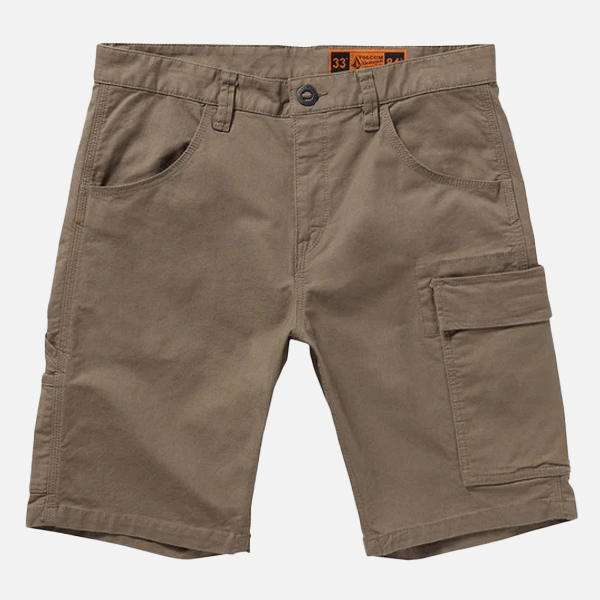 a tan pear of shorts with a orange logo