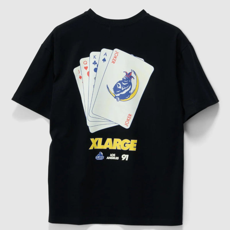 Black t-shirt with playing card design and 'XLARGE' branding on a light gray background