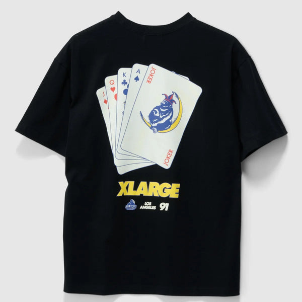 Black t-shirt with playing card design and 'XLARGE' branding on a light gray background