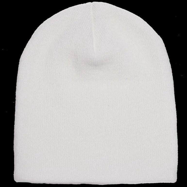 A plain white knit beanie hat shown flat against a solid black background.
