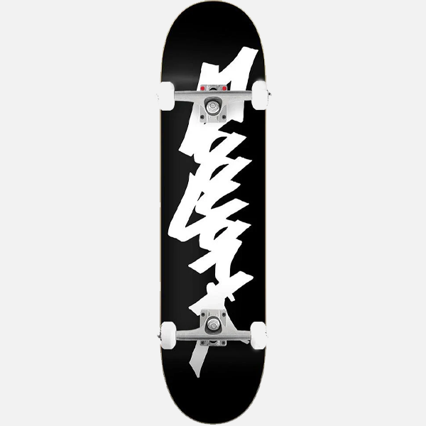 Black skateboard with white graphic design on a white background
