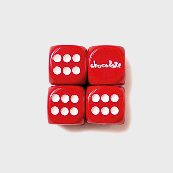 Set of 5 red dice. Branded with the Chocolate Skateboards logo.